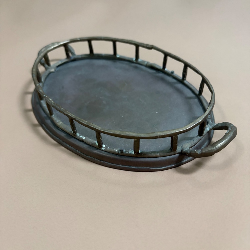 Vintage Brass Bamboo Regency Patina Oval Gallery Tray with Handles 8 inch